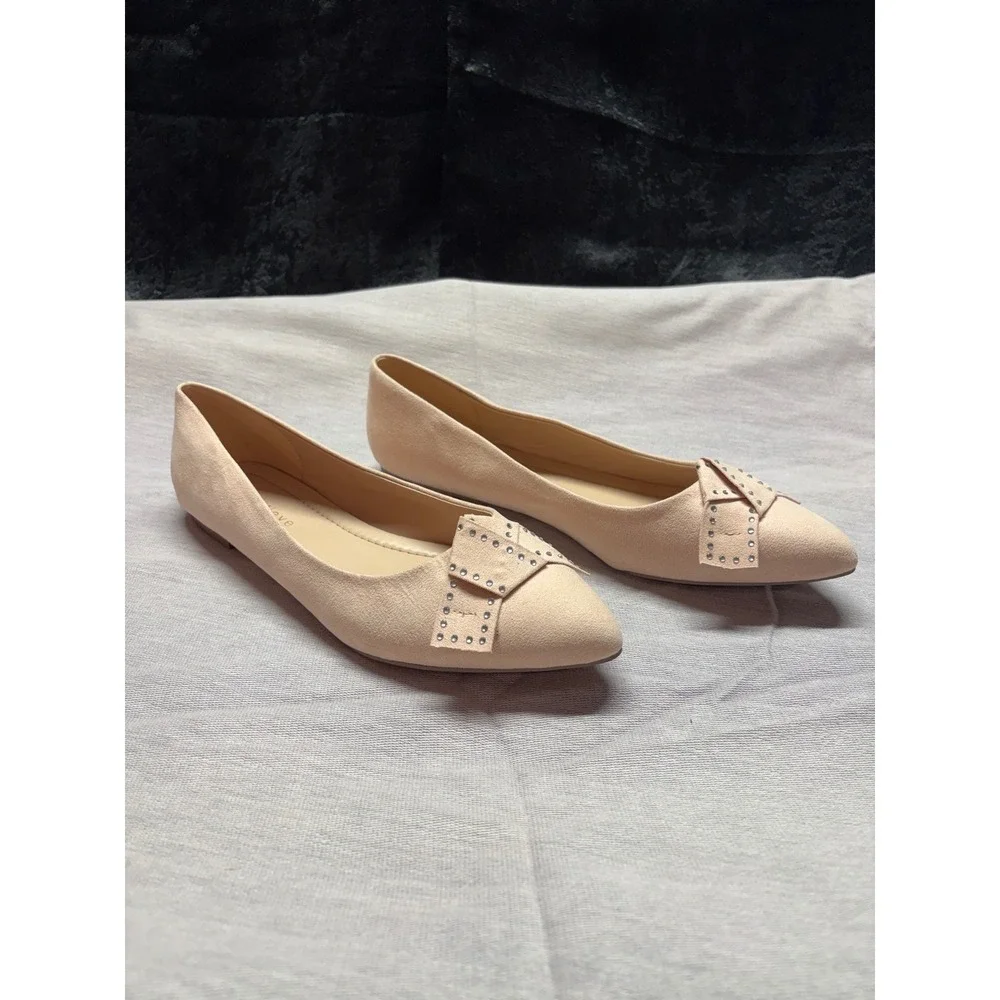 Stillieve Womens Pointed Toe Bow Ballet Flats Beige Faux Suede Studded Size 10